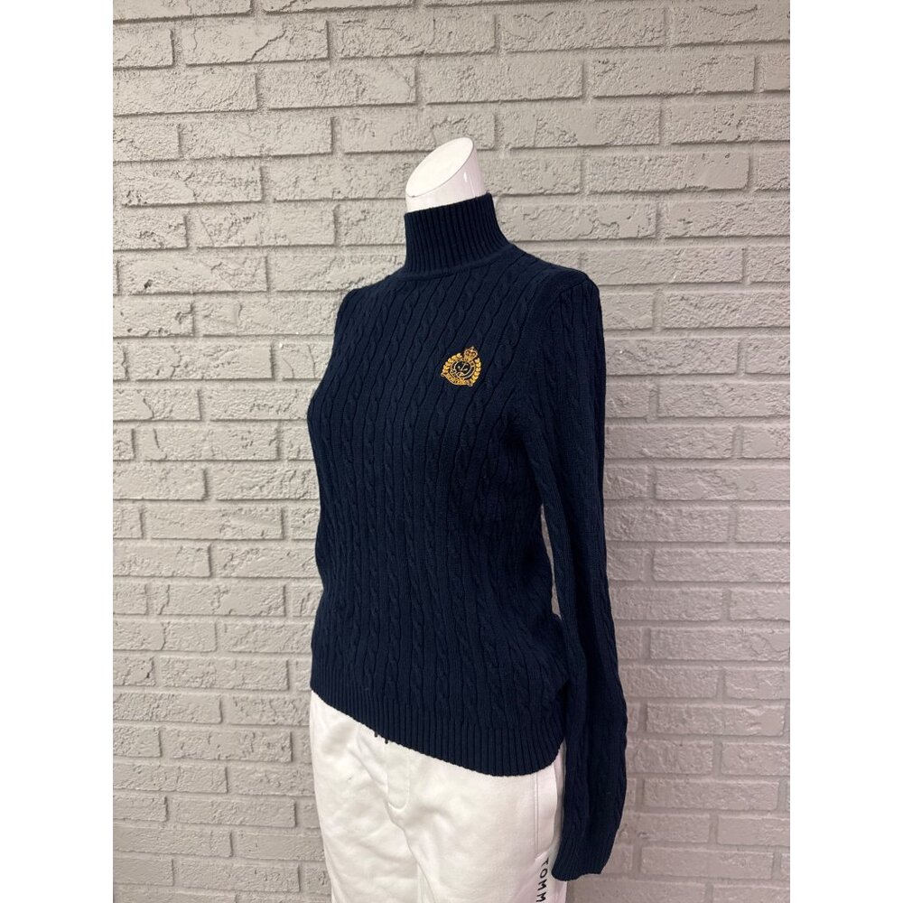 Ralph Lauren Navy Cable Knit Turtleneck Sweater with Gold Crest - Picture 5 of 9